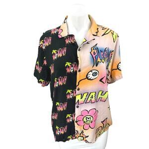 Collusion Multicolor Colorblock Short Sleeve Button Down Graphic Shirt Top S